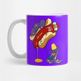 Hungry Monster and Scared Hotdog Cartoon Mug